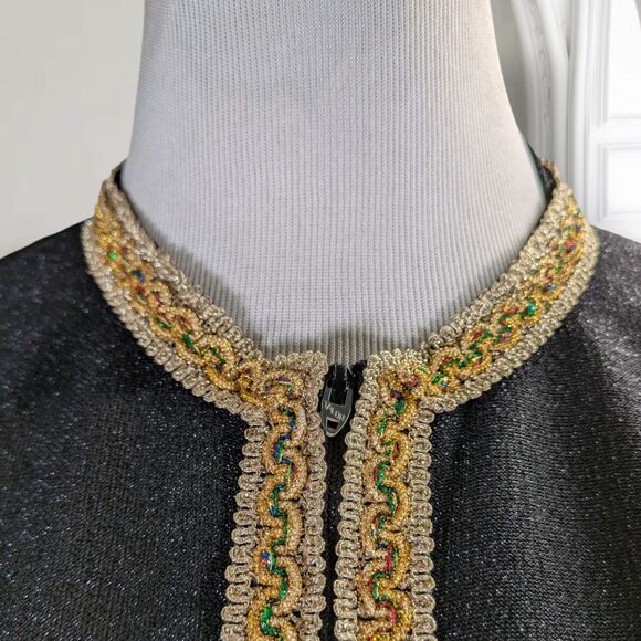 Vintage 70s Black Sheer Sparkle Caftan Size L Gold Braid Trim Zip Maxi Roper - Picture 7 of 16